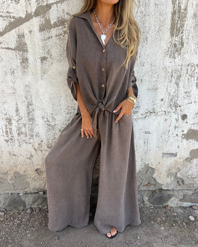 Casual Solid Shirt & Wide Leg Two-Piece Set