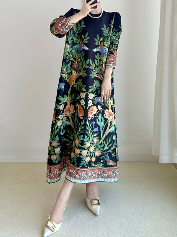 A-Line Loose Flower Print Pleated Round-Neck Midi Dresses