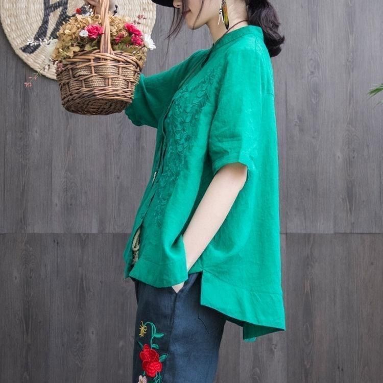 Loose Cotton Embroidered Short Sleeve Stand Collar Shirt
