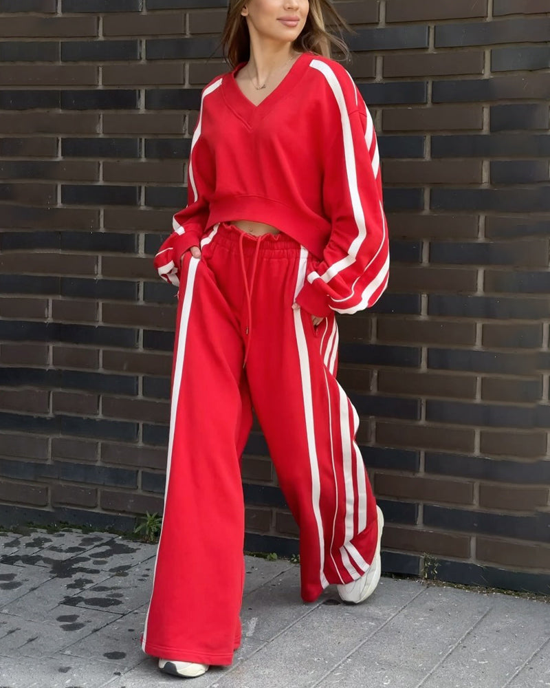Casual V-Neck Striped Sweat & Wide Leg Pants Two-Piece Set