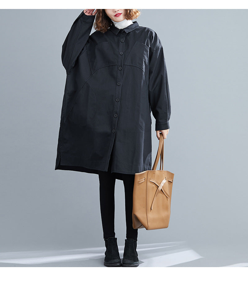Literary Solid Color Lapel Long Sleeve Trench Coat