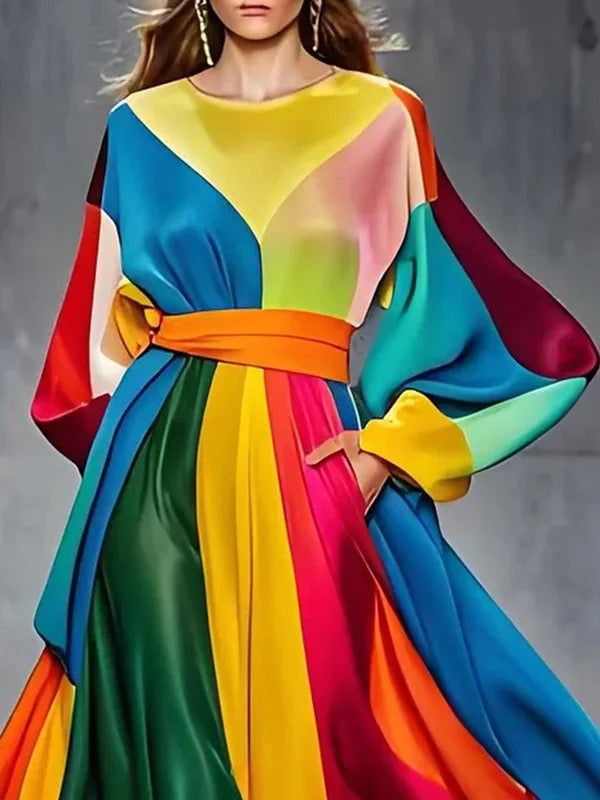 A-Line Long Sleeves Colorful Contrast Color Pockets Tied Waist Round-Neck Maxi Dresses