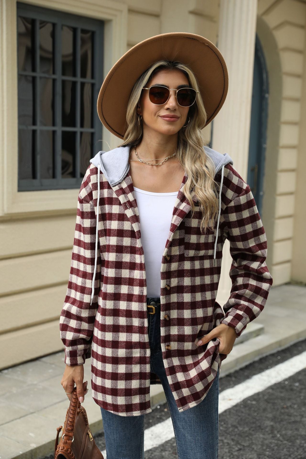 Autumn and Winter new women's hooded Plaid stitching top single-breasted woolen coat