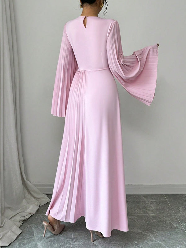 Flared Sleeves Long Sleeves Pleated Solid Color Round-Neck Maxi Dresses