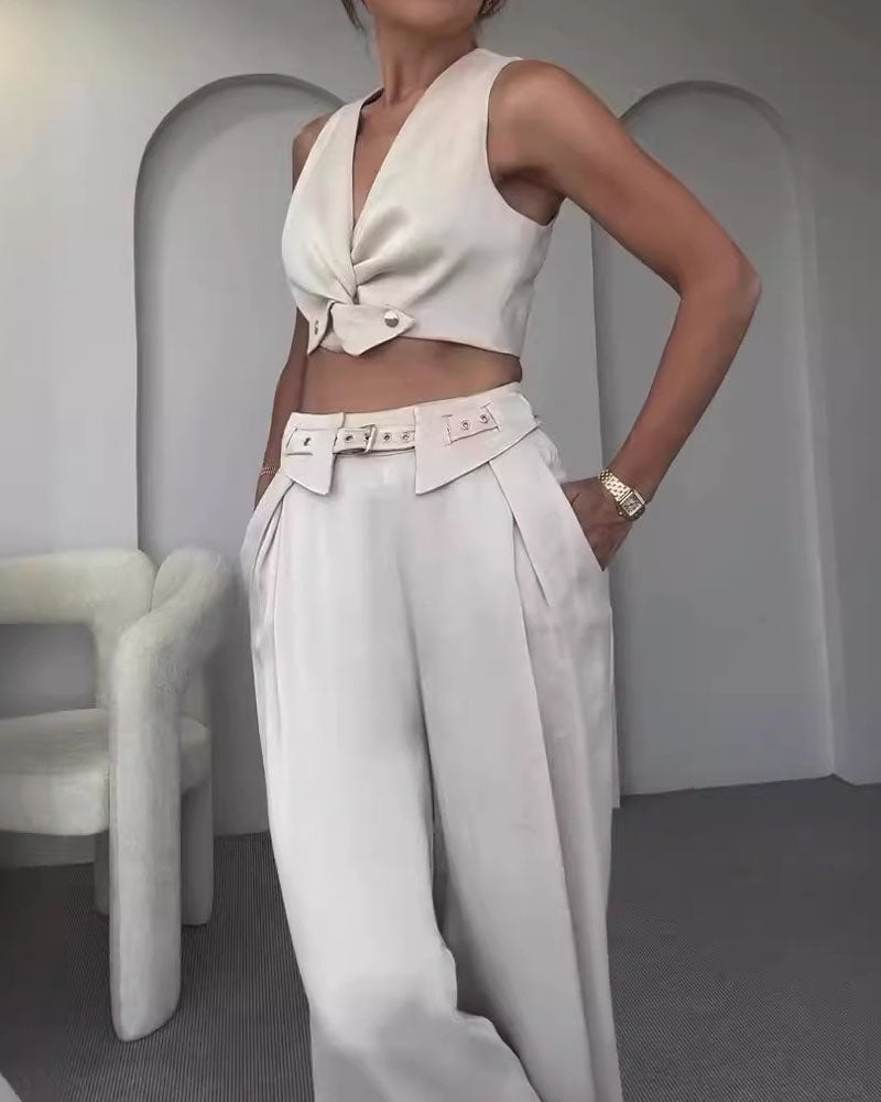 Fashion Commuter V-Neck Vest & Pants Two-Piece Set