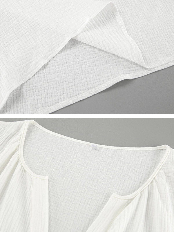 Loose Puff Sleeves Pleated Solid Color Split-Joint V-Neck Blouses&Shirts Tops