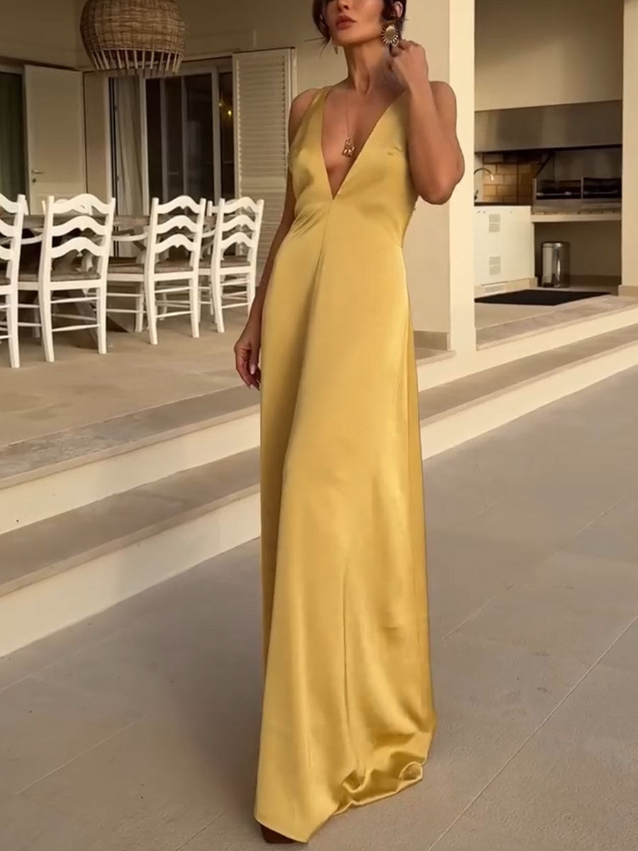 Yellow elegant V-neck backless party dress