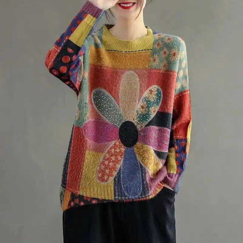 Colorful Flower Knit Round Neck Sweater