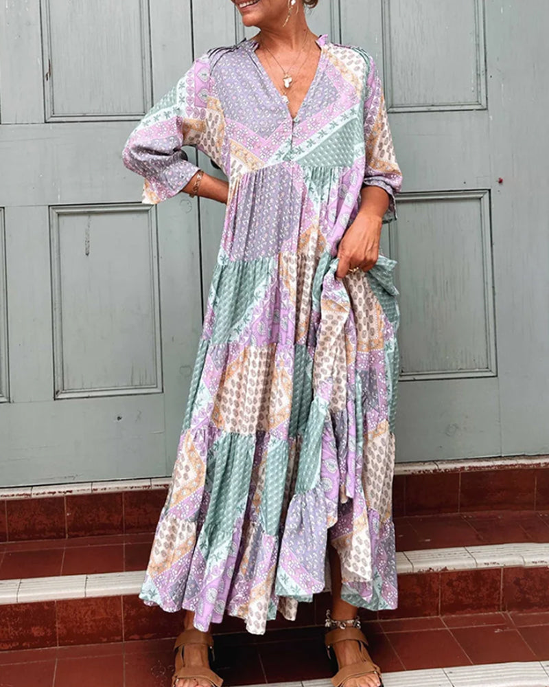 🔥2025 NEW SALES - 50% OFF🔥Color Block Print Dress With 3/4 Sleeves(Buy 2 Free Shipping)