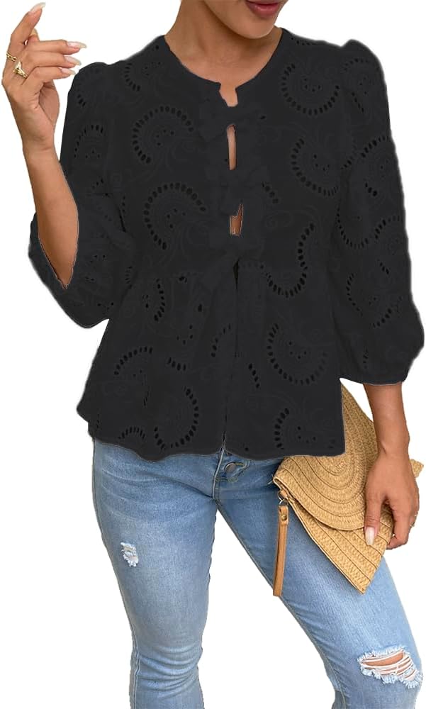 Women's Lace 3/4 Length Puff Sleeve Peplum Tops (Buy 2 Free Shipping)