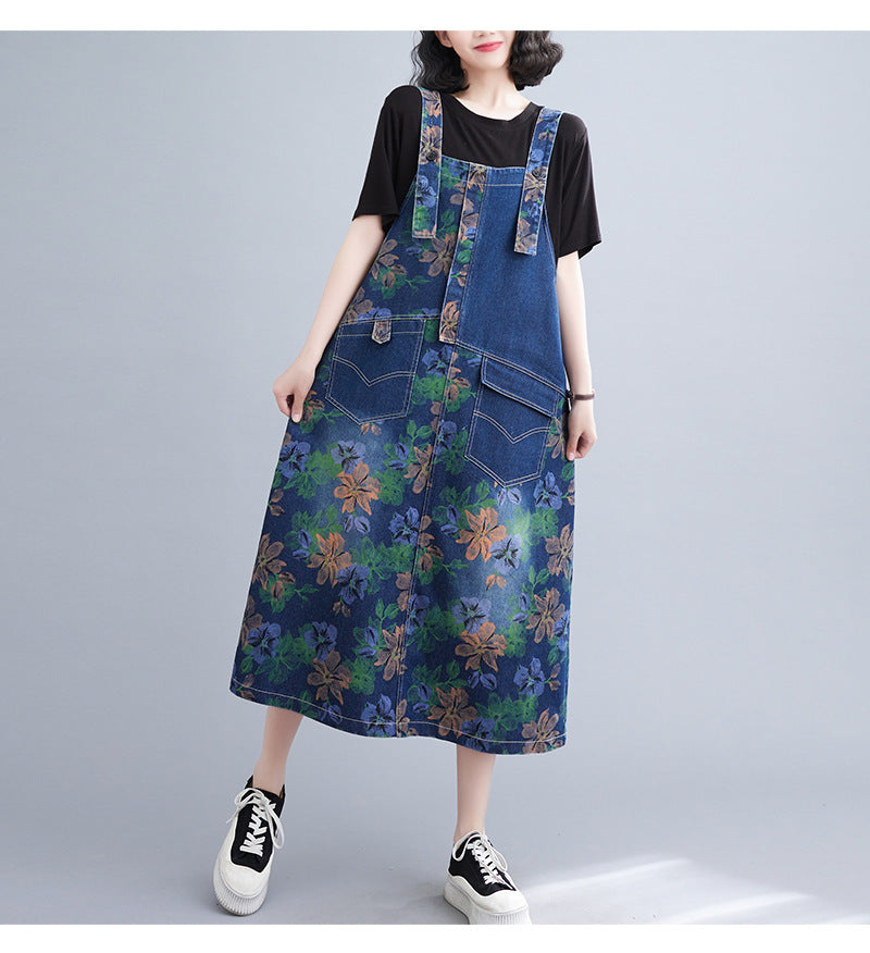 Literary Print Splicing Denim Suspender Midi Dress