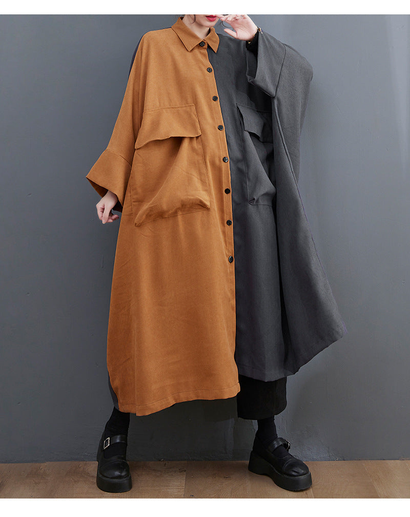 Literary Color Block Lapel Mid Dress