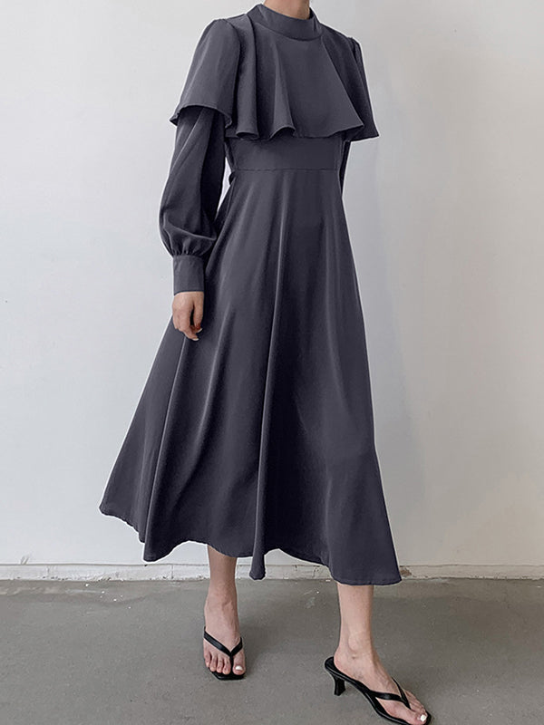 A-Line Long Sleeves Ruffle Trim Solid Color Tied Waist Mock Neck Midi Dresses