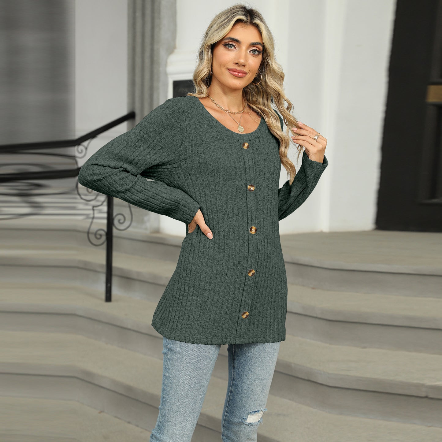 Spring and Autumn single-breasted round neck long-sleeved T-shirt loose top women's pullover sweater