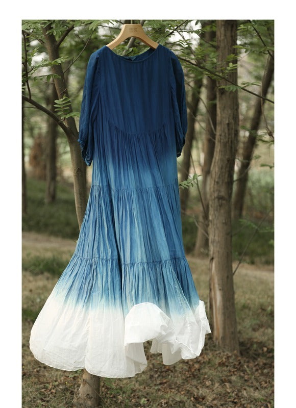 Literary Vintage Tie-Dye Gradual Loose Light Mulberry Silk Midi Dress