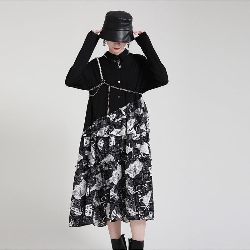 Irregular Splicing Long Sleeve Midi Dress