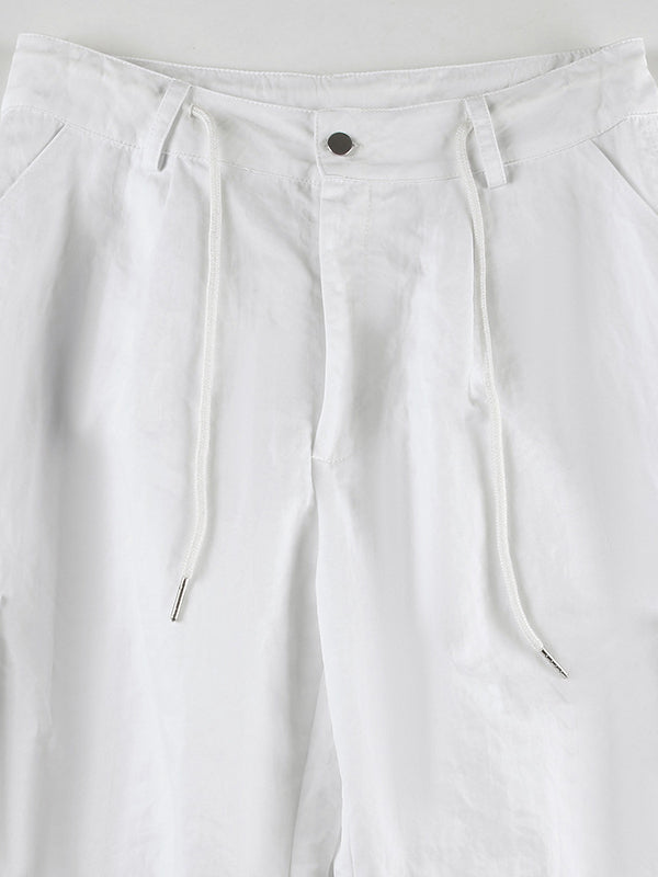 Loose Wide Leg Drawstring Pockets Solid Color Pants Trousers