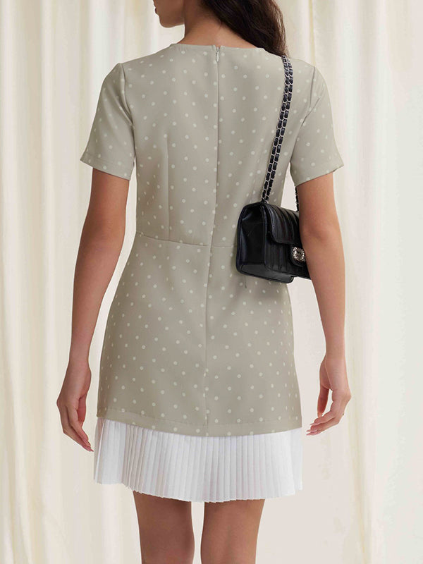 A-Line High Waisted Pleated Polka-Dot Split-Joint Round-Neck Mini Dresses