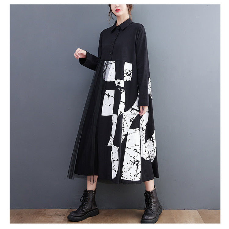 Retro Splicing Mesh Long Sleeve Midi Dress