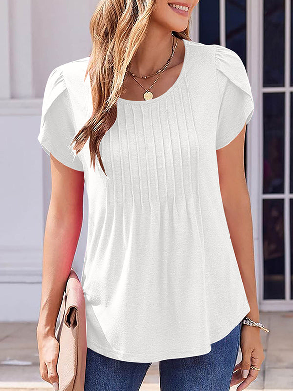 Loose Short Sleeves Pleated Solid Color Round-Neck T-Shirts Tops
