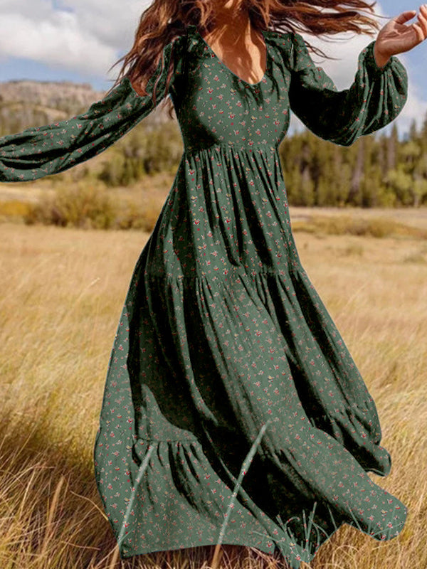 Bohemia Printed Long Sleeve V-Neck Maxi Dress