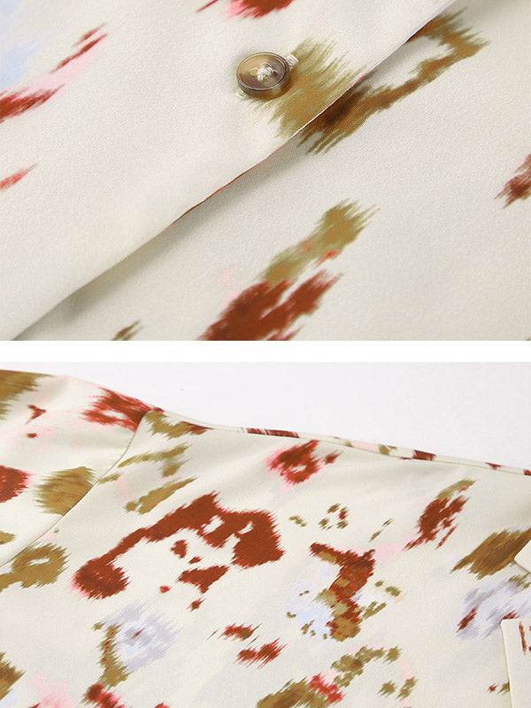 Long Sleeves Lace-Up Printed Lapel Blouse + High Waisted Elasticity Pants Two Pieces Set