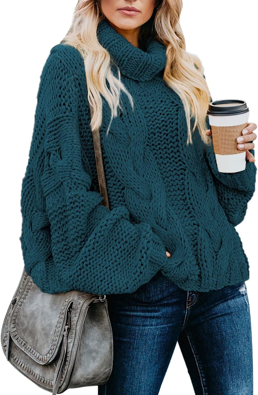 Womens 2024 Winter Fall Solid Turtleneck High Neck Balloon Long Sleeve Sweaters Pullover Outerwear