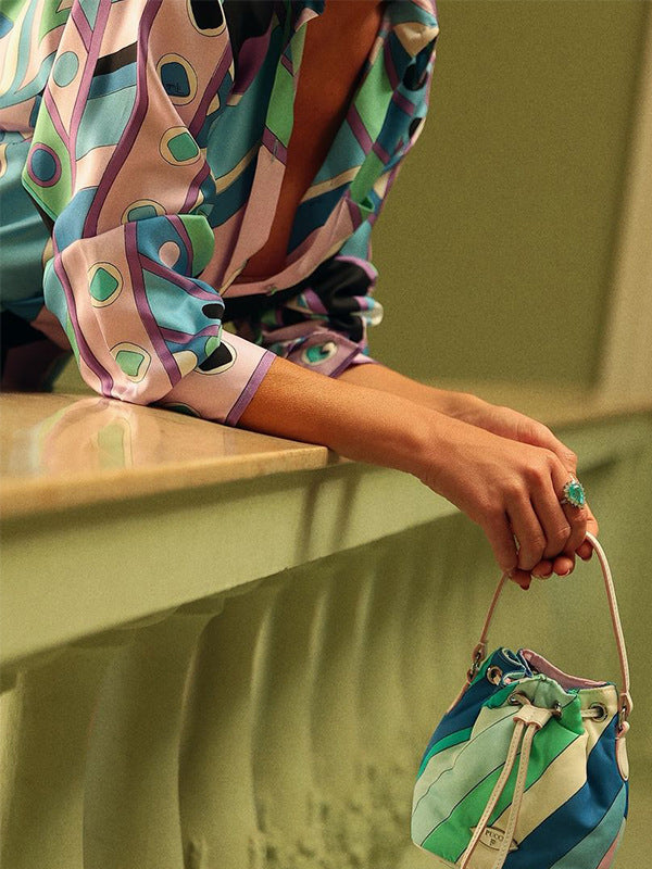 Long Sleeves Buttoned Contrast Color Printed Lapel Blouses&Shirts Tops + Pleated Bodycon Skirts Bottom Two Pieces Set