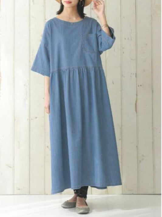 Thin Denim Splicing Short Sleeve Dress
