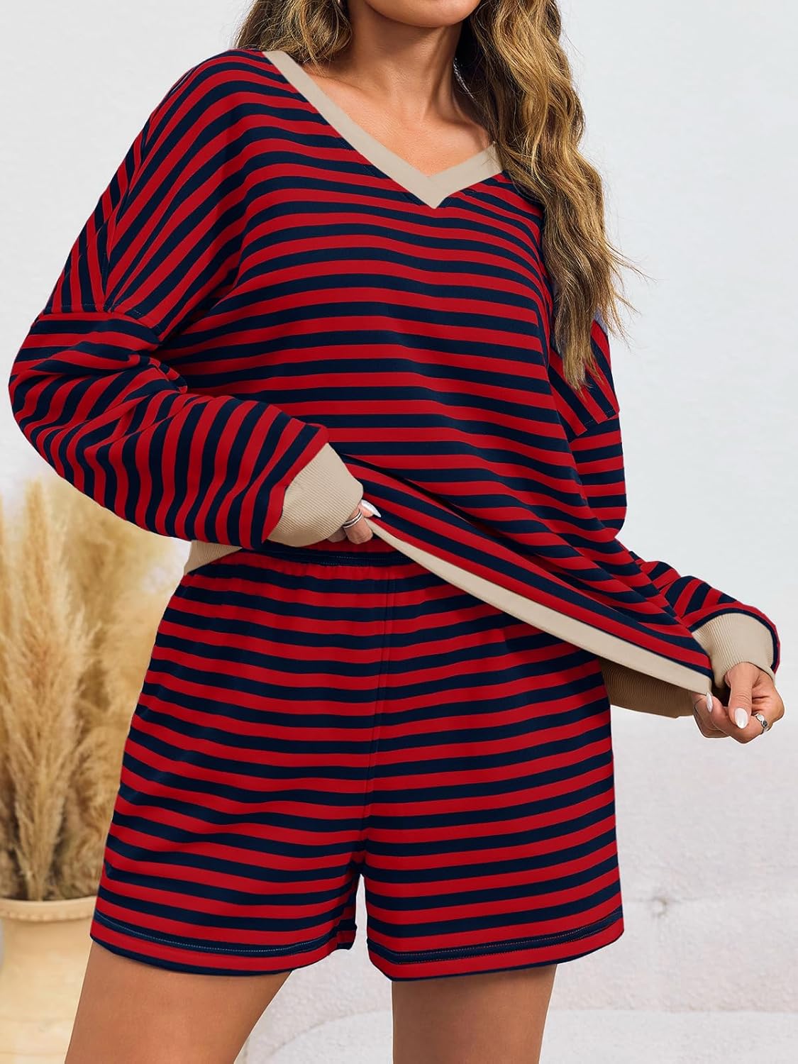 Striped Casual V-Neck Oversized Sweatshirt And Drawstring Shorts Set (Buy 2 Free Shipping)