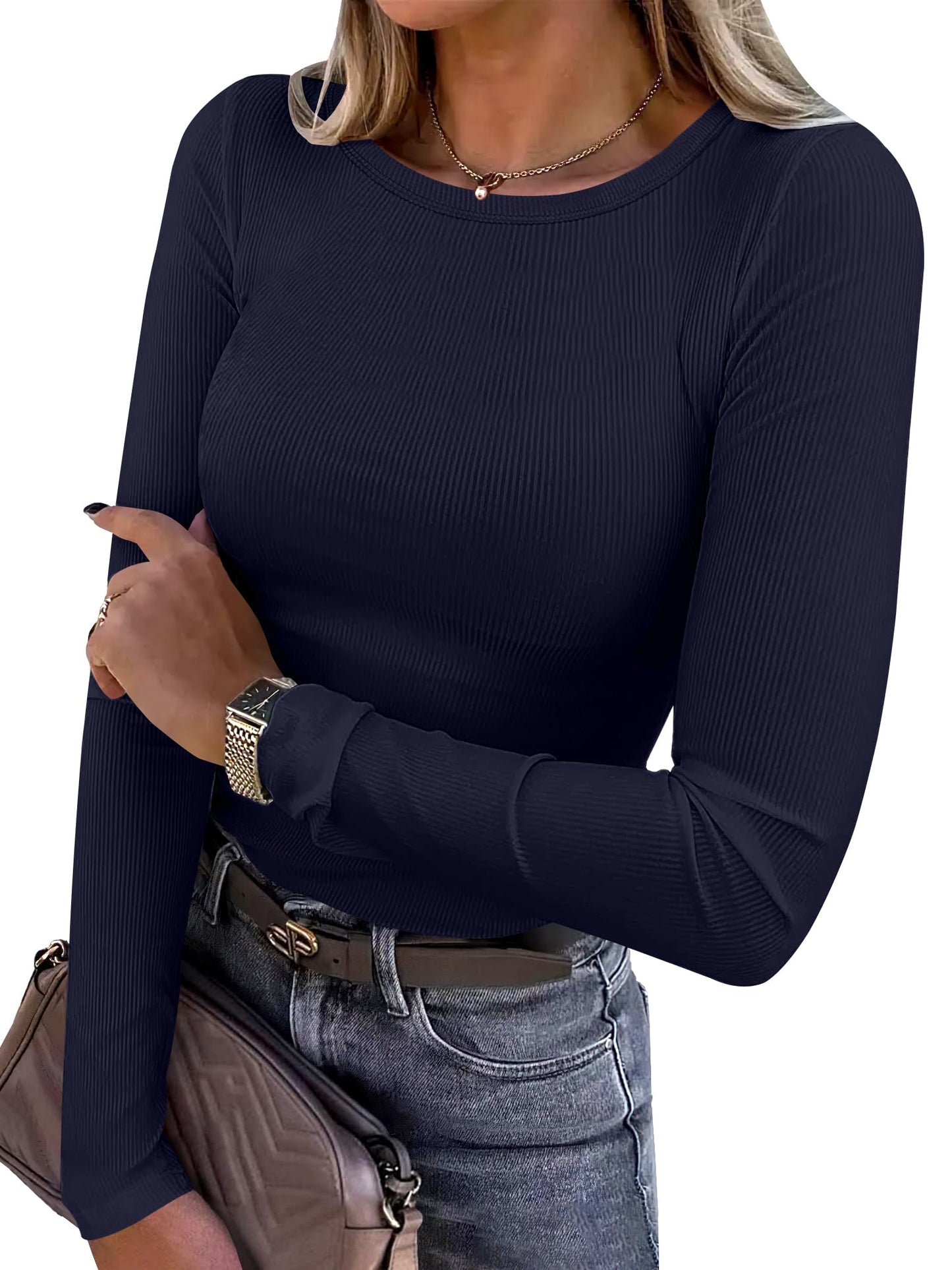 Women Long Sleeve Crewneck Rib Knit Slim Fit Shirts Basic Tee Tops