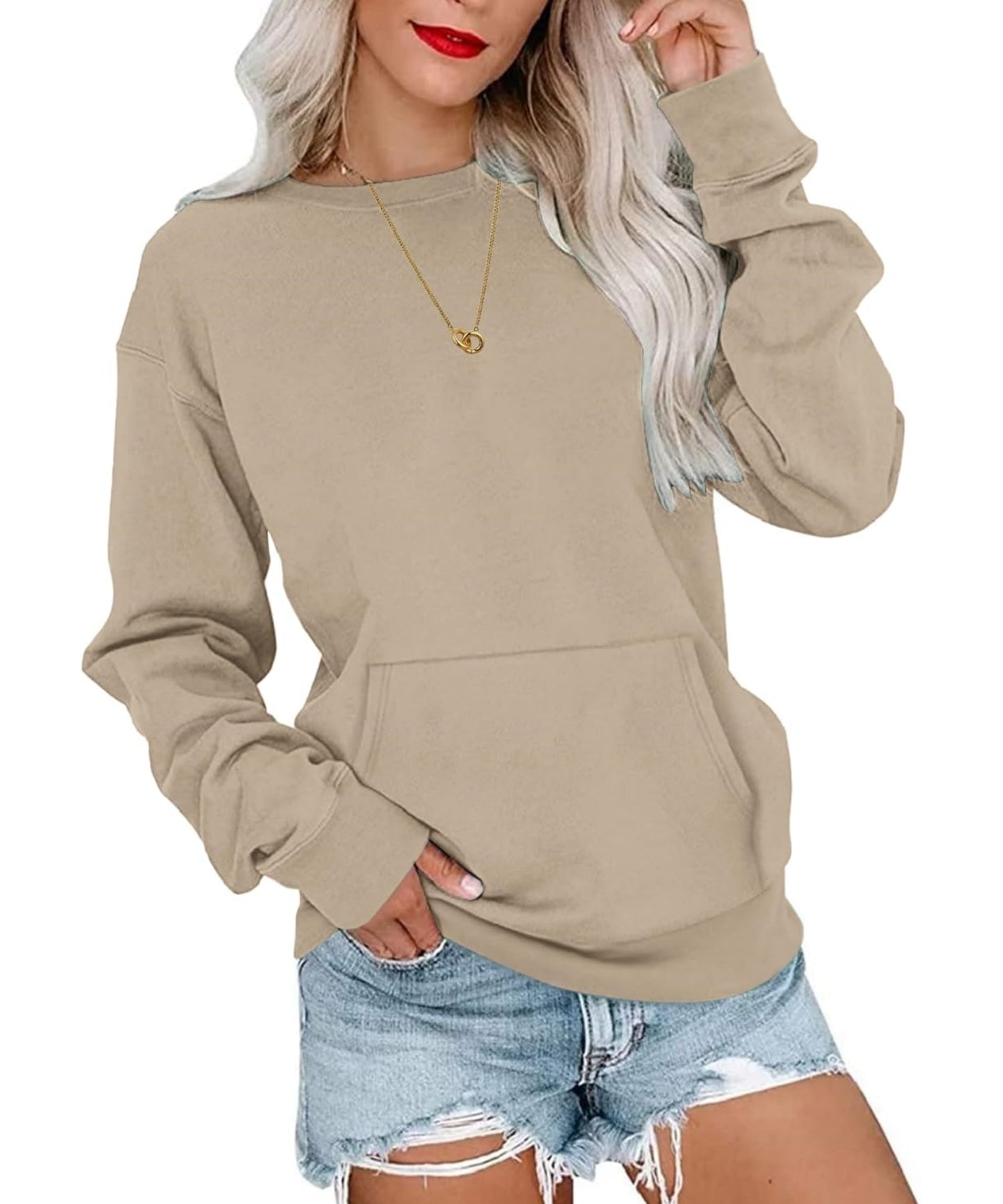 Basic Round Neck Loose Sweatshirt With Pockets (Buy 2 Free Shipping)