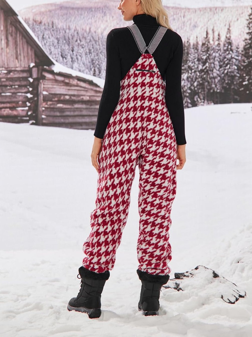 ⛷️Fleece Warm Houndstooth Adjustable Strap Work Jumpsuit  (Buy 2 Free Shipping)