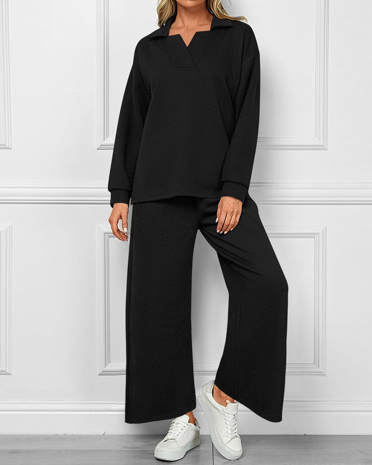 Textured V Neck Pullover Wide Leg Pants Lounge Set (Buy 2 Free Shipping)
