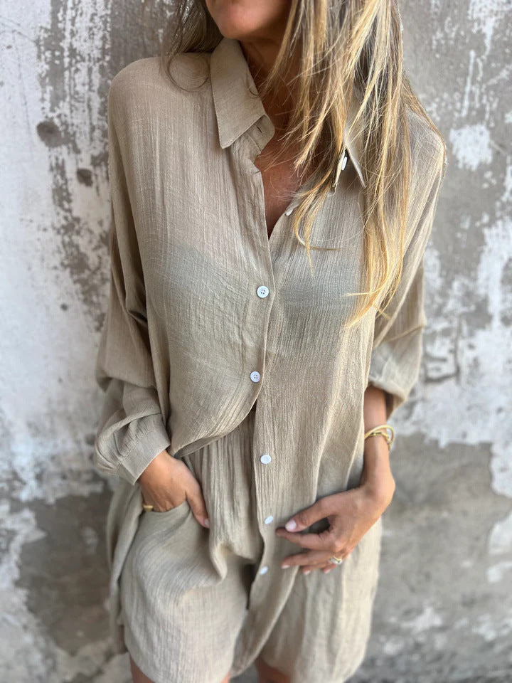 Casual Solid Color Shorts Long Sleeve Wrinkled Cloth Shirt Two-Piece Set