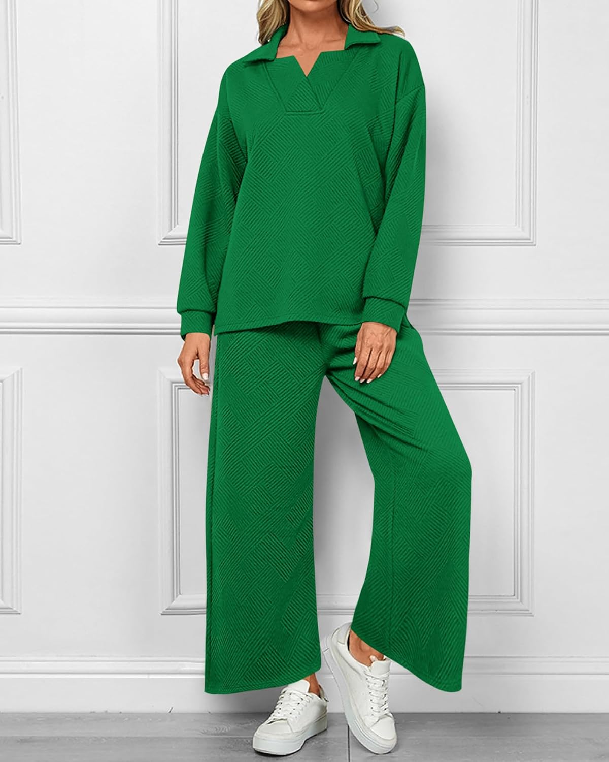 Textured V Neck Pullover Wide Leg Pants Lounge Set (Buy 2 Free Shipping)