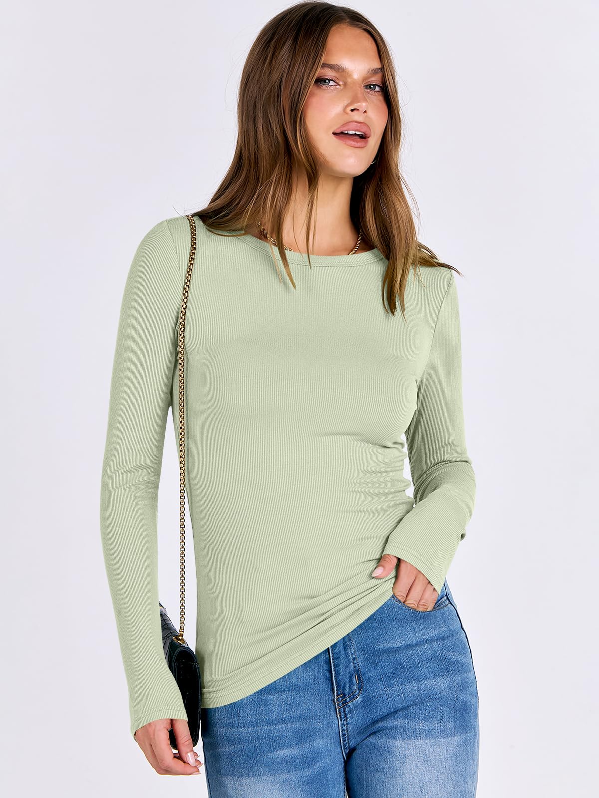 Women Long Sleeve Crewneck Rib Knit Slim Fit Shirts Basic Tee Tops