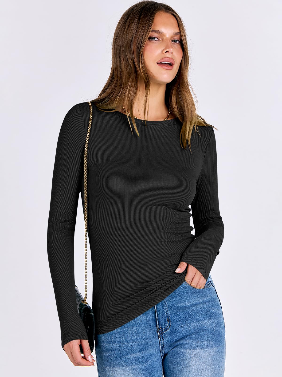 Women Long Sleeve Crewneck Rib Knit Slim Fit Shirts Basic Tee Tops