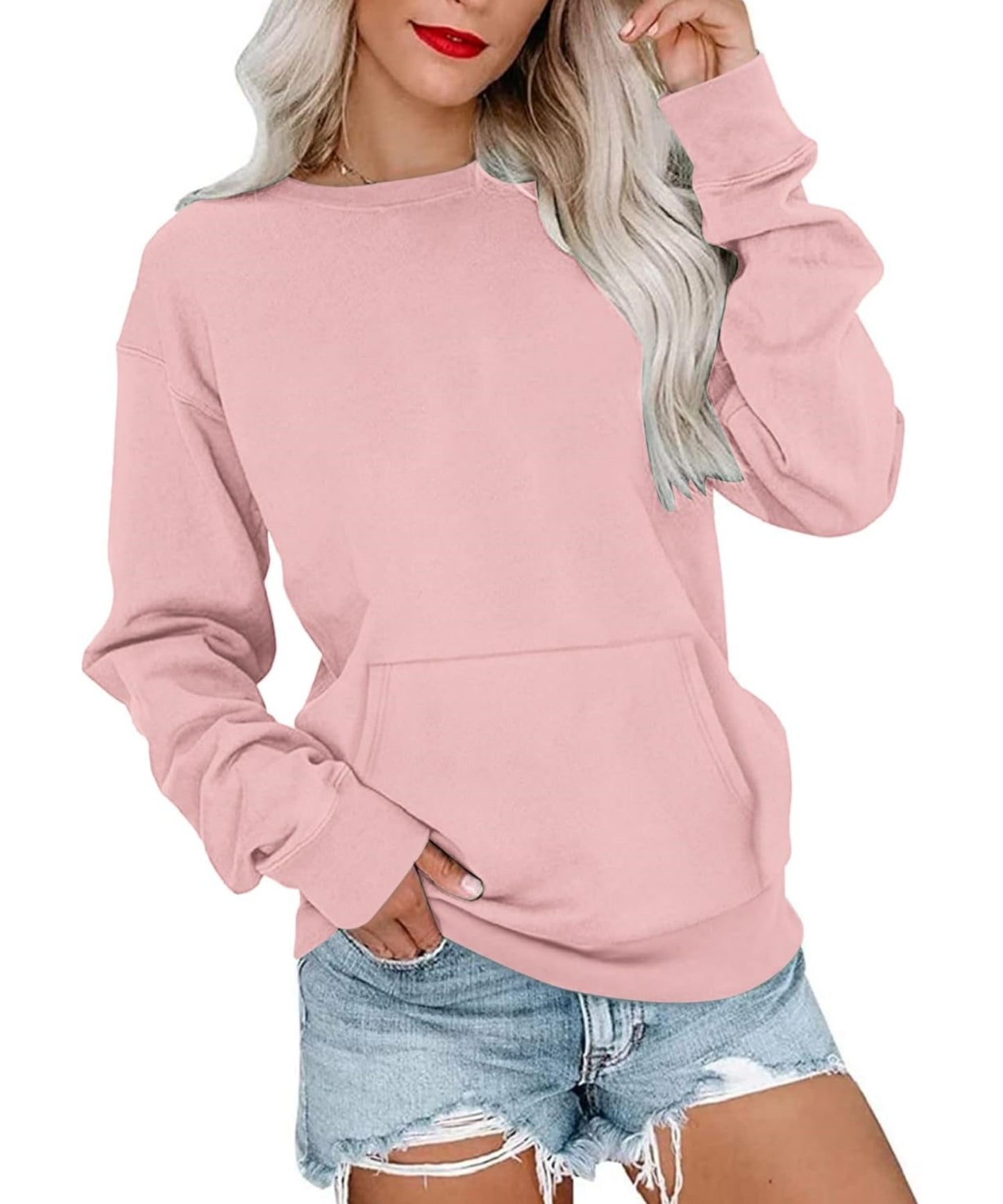 Basic Round Neck Loose Sweatshirt With Pockets (Buy 2 Free Shipping)