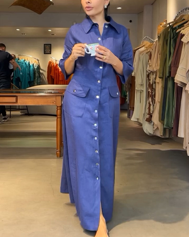 Cotton and linen buttoned three-quarter sleeve dress