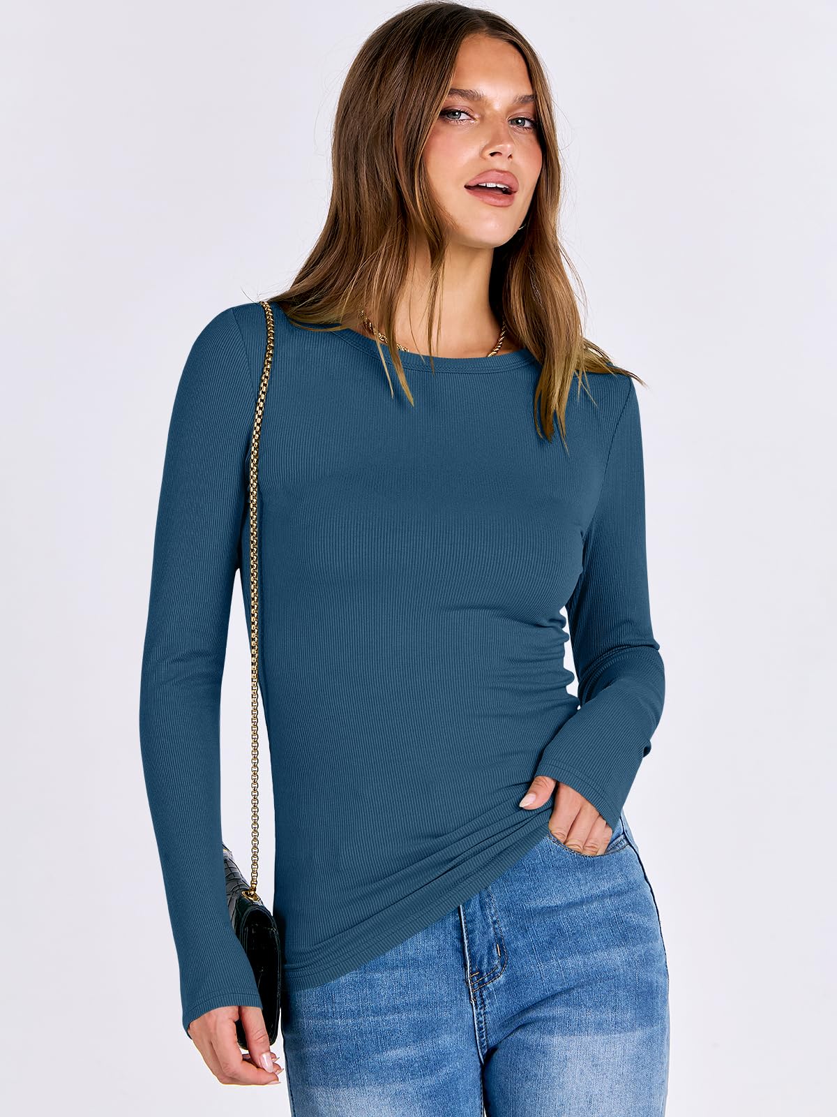 Women Long Sleeve Crewneck Rib Knit Slim Fit Shirts Basic Tee Tops