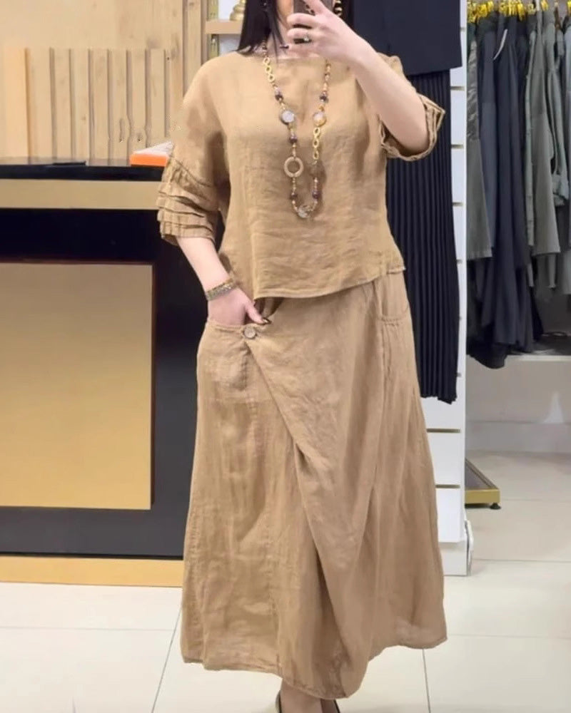 Loose Solid Color Half Sleeve Skirt Set