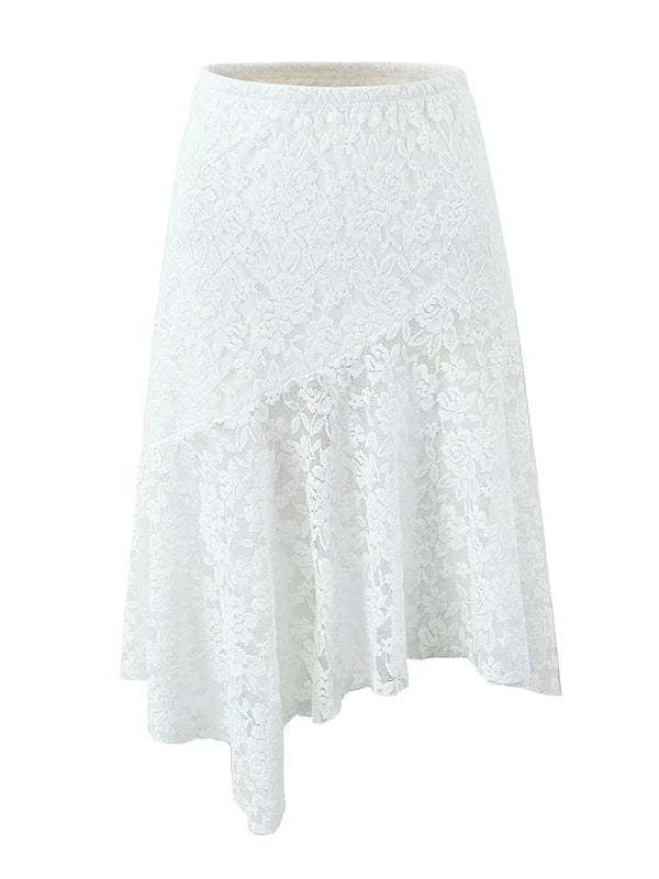 Long Sleeves See-Through Solid Color Mock Neck T-Shirts Tops + Split-Joint Asymmetric High Waisted Skirts Bottom Two Pieces Set