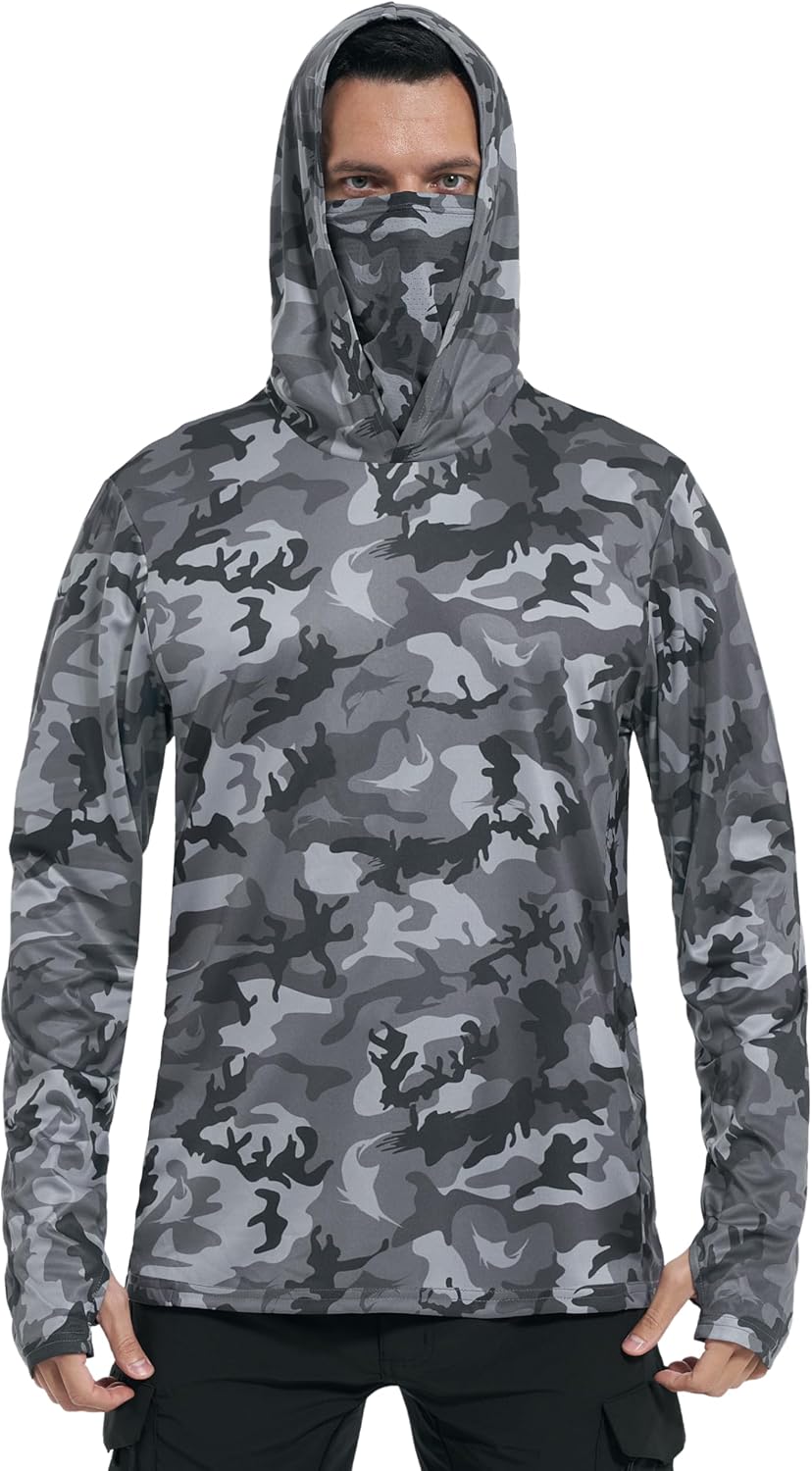FISHEAL Men's Performance Fishing Hoodie Shirt - UPF 50+ Sun Protection Long Sleeve Thumbholes Shirts with Neck Gaiter