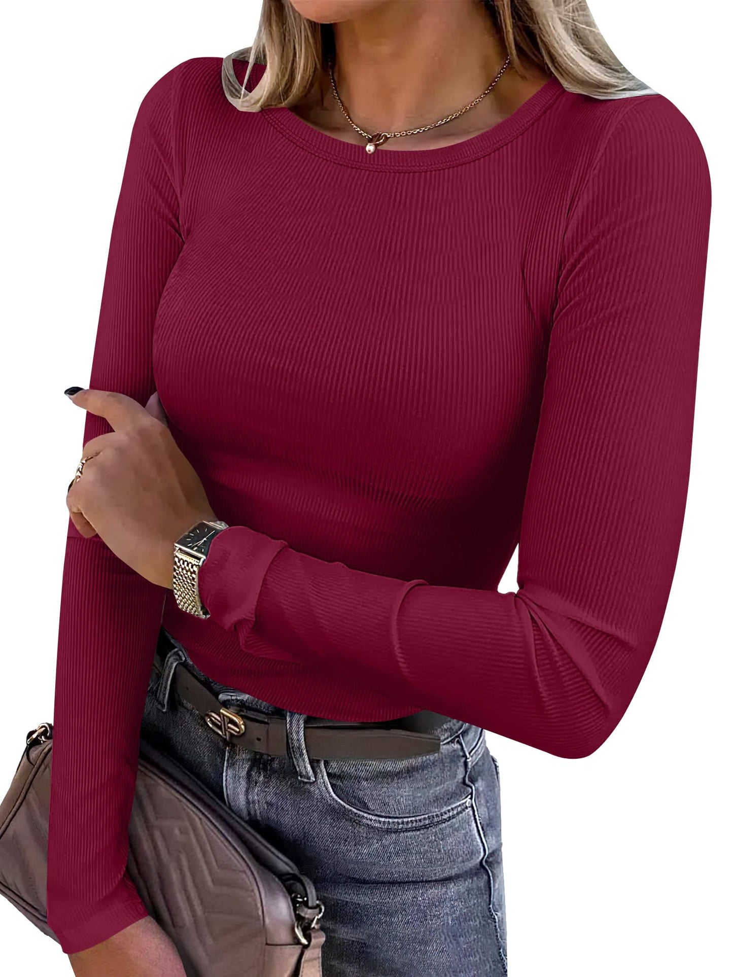 Women Long Sleeve Crewneck Rib Knit Slim Fit Shirts Basic Tee Tops