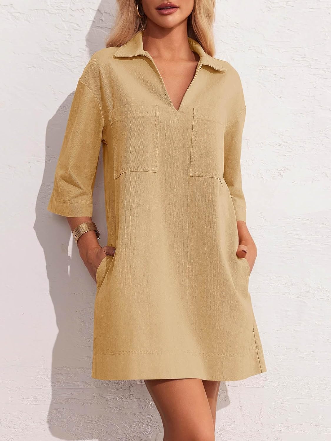 Collared V Neck Denim Shirt Dress (Buy 2 Free Shipping)