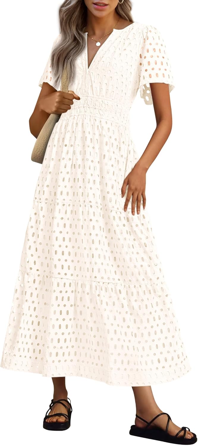 Women‘s Short Sleeve V Neck Eyelet A-Line Maxi Dress (Buy 2 Free Shipping)