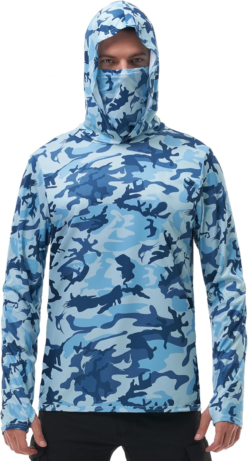 FISHEAL Men's Performance Fishing Hoodie Shirt - UPF 50+ Sun Protection Long Sleeve Thumbholes Shirts with Neck Gaiter