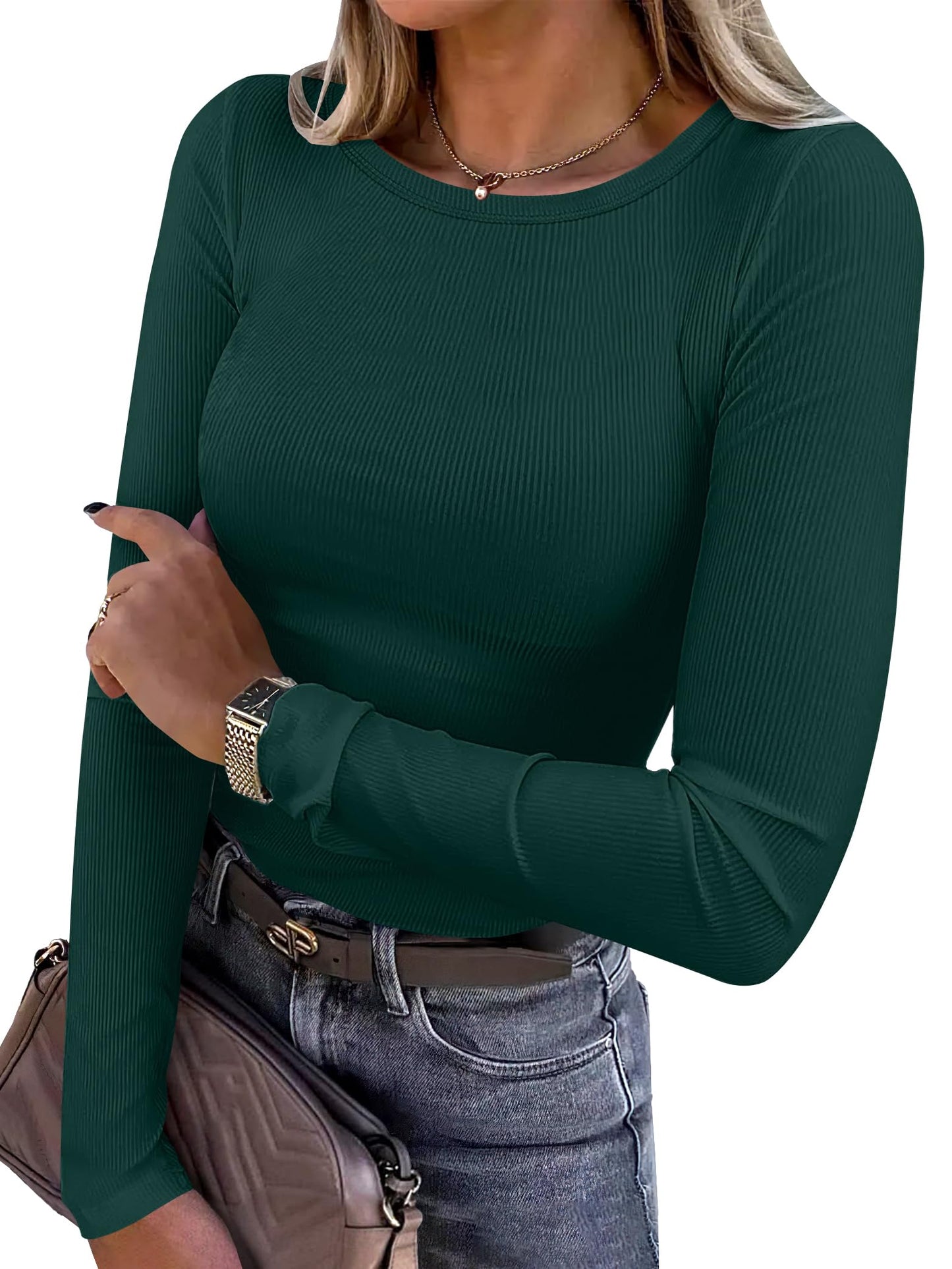 Women Long Sleeve Crewneck Rib Knit Slim Fit Shirts Basic Tee Tops