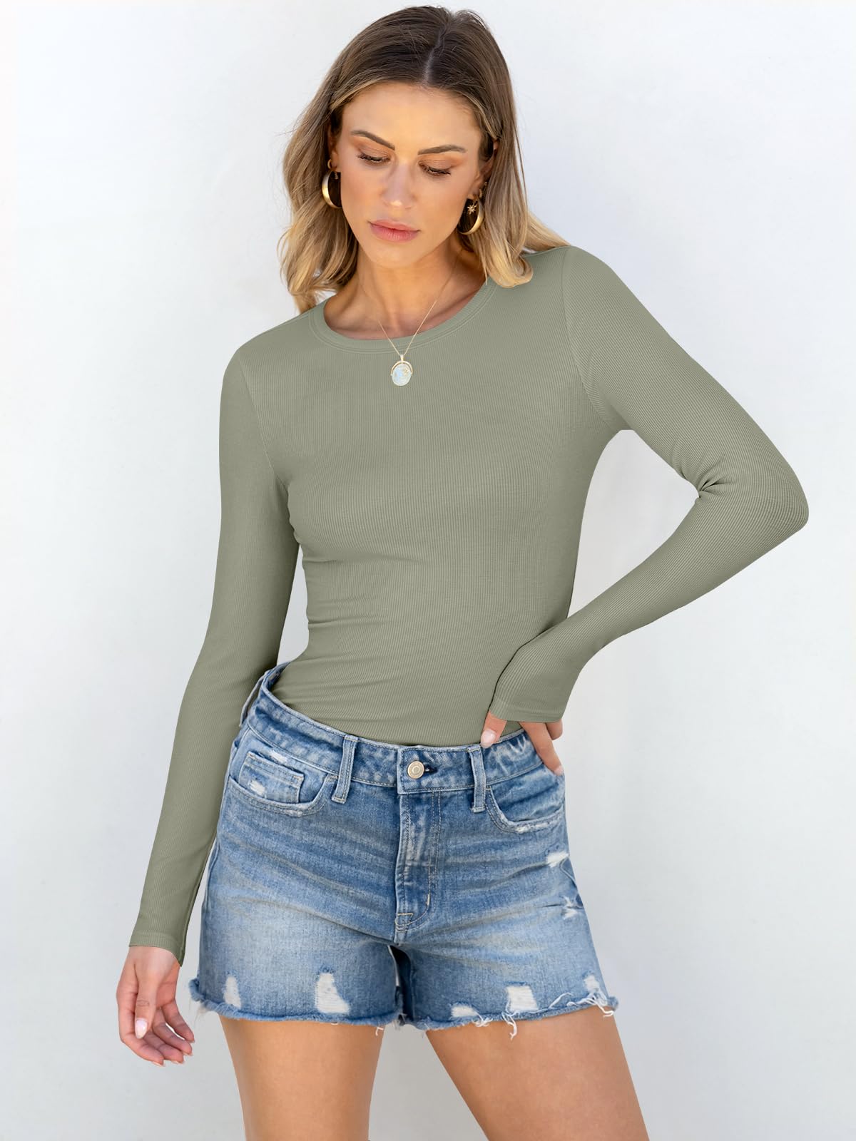 Women Long Sleeve Crewneck Rib Knit Slim Fit Shirts Basic Tee Tops